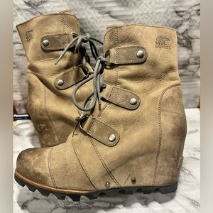SOREL JOAN OF ARCTIC WOMENS LACE UP GRAY WEDGES BOOTS